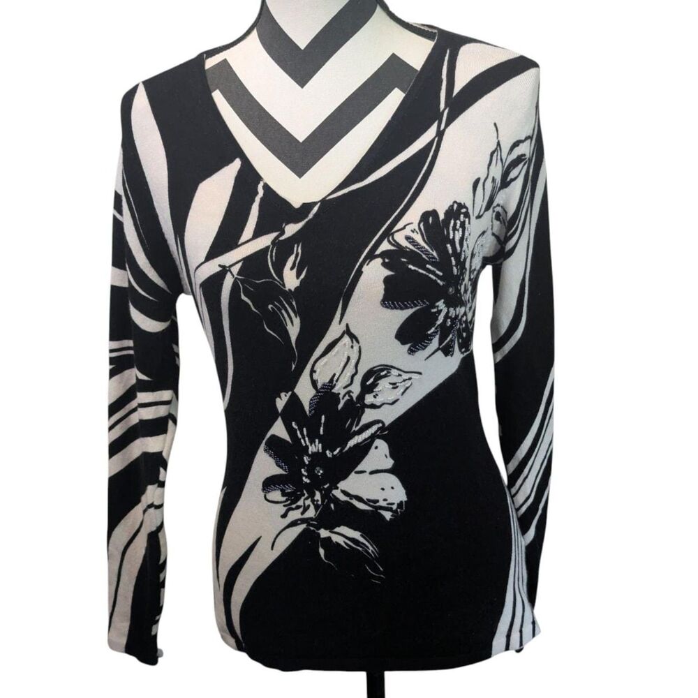 Pierri New York Black & White Abstract Floral Knit Sweater S Beaded